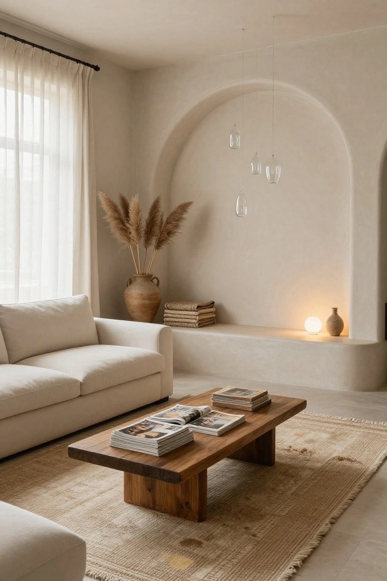 Beige living room with cream sofa, low wooden coffee table on fringed cream rug, tall pampas grass in terracotta pot near sofa, curved plaster wall niche with built-in shelf holding books lamp and vase, and three hanging clear glass pendant lights above the arch.