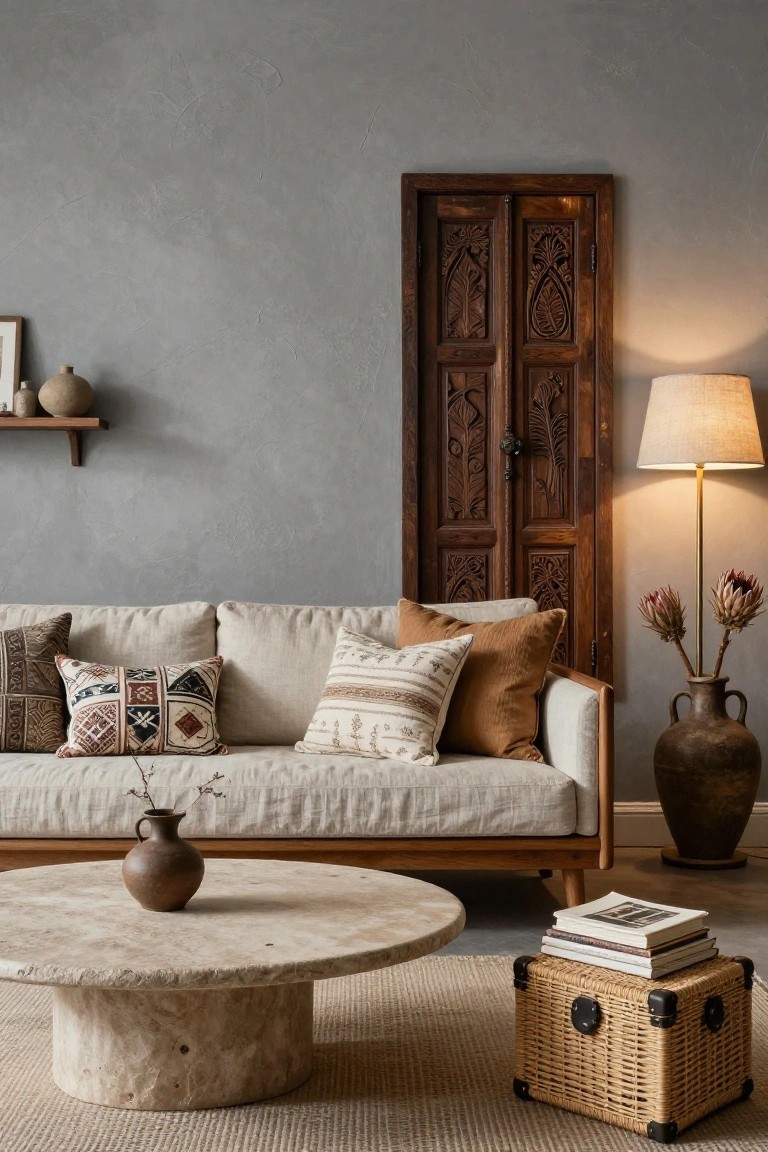 Living room featuring a beige linen sofa with patterned pillows, terracotta vases with dried flowers, stone coffee table, woven storage box, floor lamp, floating shelves with pottery, and tall carved wooden double doors on a textured gray wall.