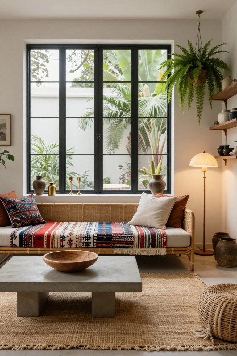 Living room interior with low rattan daybed layered in multicolored woven blankets and pillows, gray concrete coffee table with wooden bowl, seagrass rug, floor lamp, shelves holding ceramics and plants, and large black-framed windows overlooking tropical greenery.