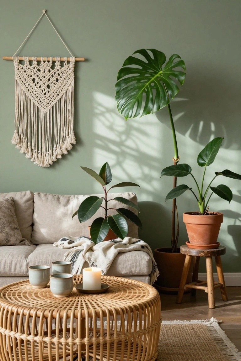 Sage green living room wall with white macrame hanging, large monstera plant, potted rubber plant next to cream sofa, alocasia in terracotta pot on stool, rattan coffee table with gray mugs and white candle, beige rug on wood floor.