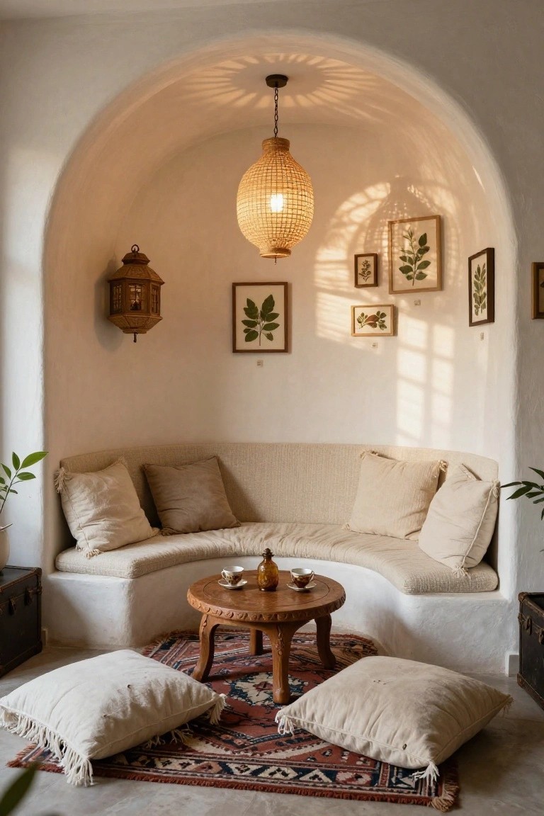 White arched interior alcove with curved beige banquette seating, low carved wooden table with teacups, floor pillows on patterned rug, hanging rattan lantern, botanical prints on walls, wall sconce, and potted plants.