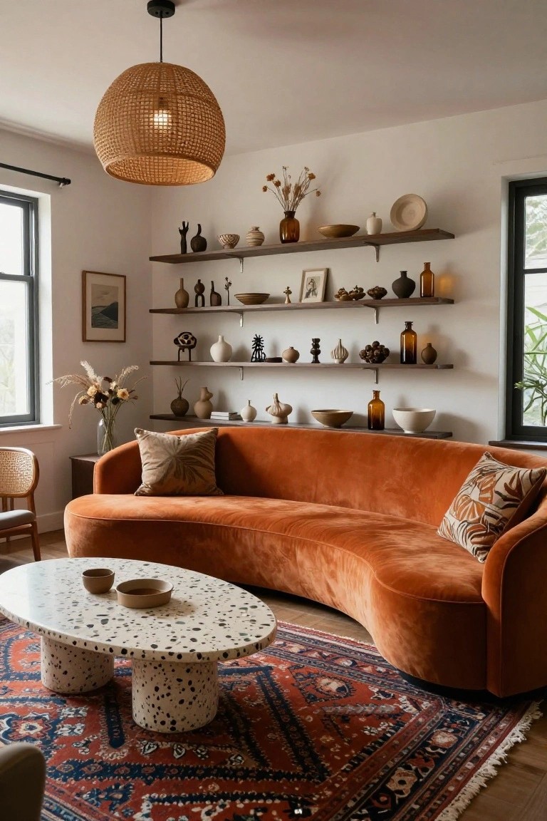 Living room interior with a curved burnt orange velvet sofa, floating wooden shelves holding ceramics, glass bottles, and plants, a white coffee table with black speckles on pedestal legs, and a red patterned rug on wood floors.