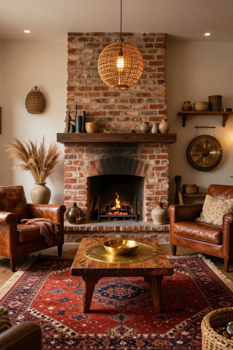Living room with central exposed brick fireplace burning a fire, brown leather armchairs, wooden coffee table on red Persian rug, pampas grass, pottery, woven baskets, and rattan pendant light.