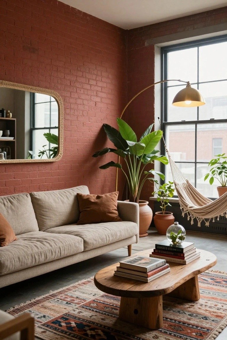 Living room with exposed red brick walls, beige sofa with rust cushions, tall banana leaf plant in terracotta pot, beige hammock chair near window, arched gold floor lamp, wooden coffee table with stacked books, and patterned rug.