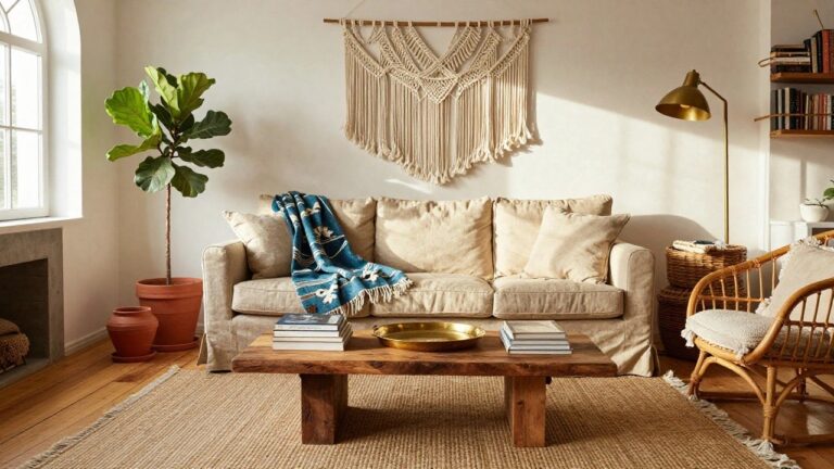 Beige slipcovered sofa with layered patterned pillows and blue fringed throw in a light living room featuring wooden coffee table, brass tray, rattan chair, potted fiddle leaf fig plant, macrame wall hanging, seagrass rug, and arched window.
