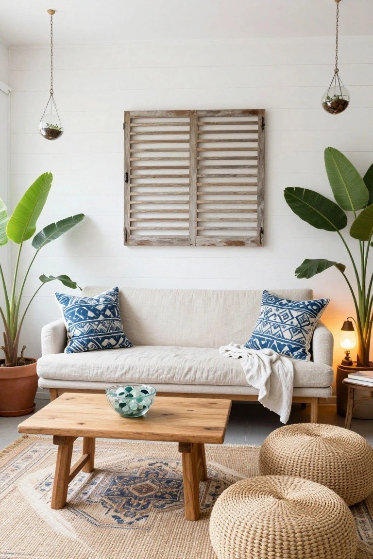 Beige linen sofa with blue patterned pillows flanked by two tall potted banana plants in a white shiplap-walled living room featuring a wooden coffee table, blue glass bowl, colorful rug, rattan poufs, wooden shutters on the wall, and hanging glass plant terrariums.