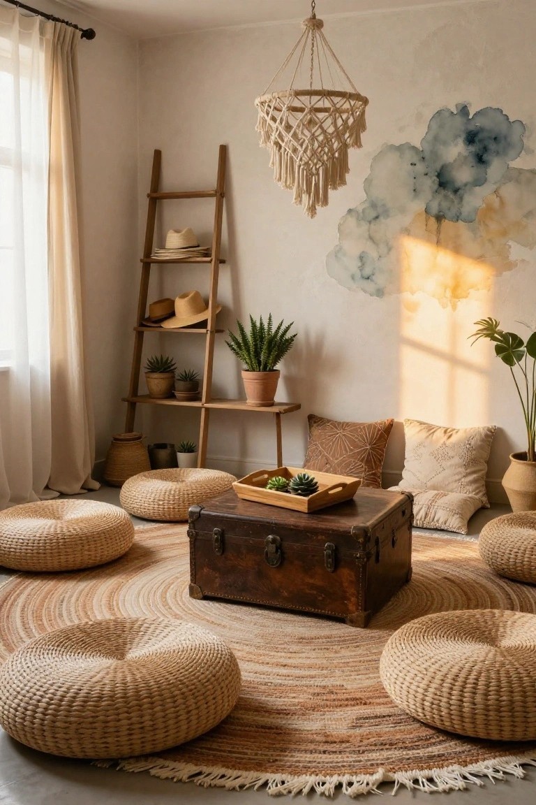 Beige woven floor poufs arranged in a circle around a vintage wooden trunk coffee table on a round jute rug in a light-filled boho living room with plants, ladder shelf, macrame chandelier, and abstract cloud wall mural.