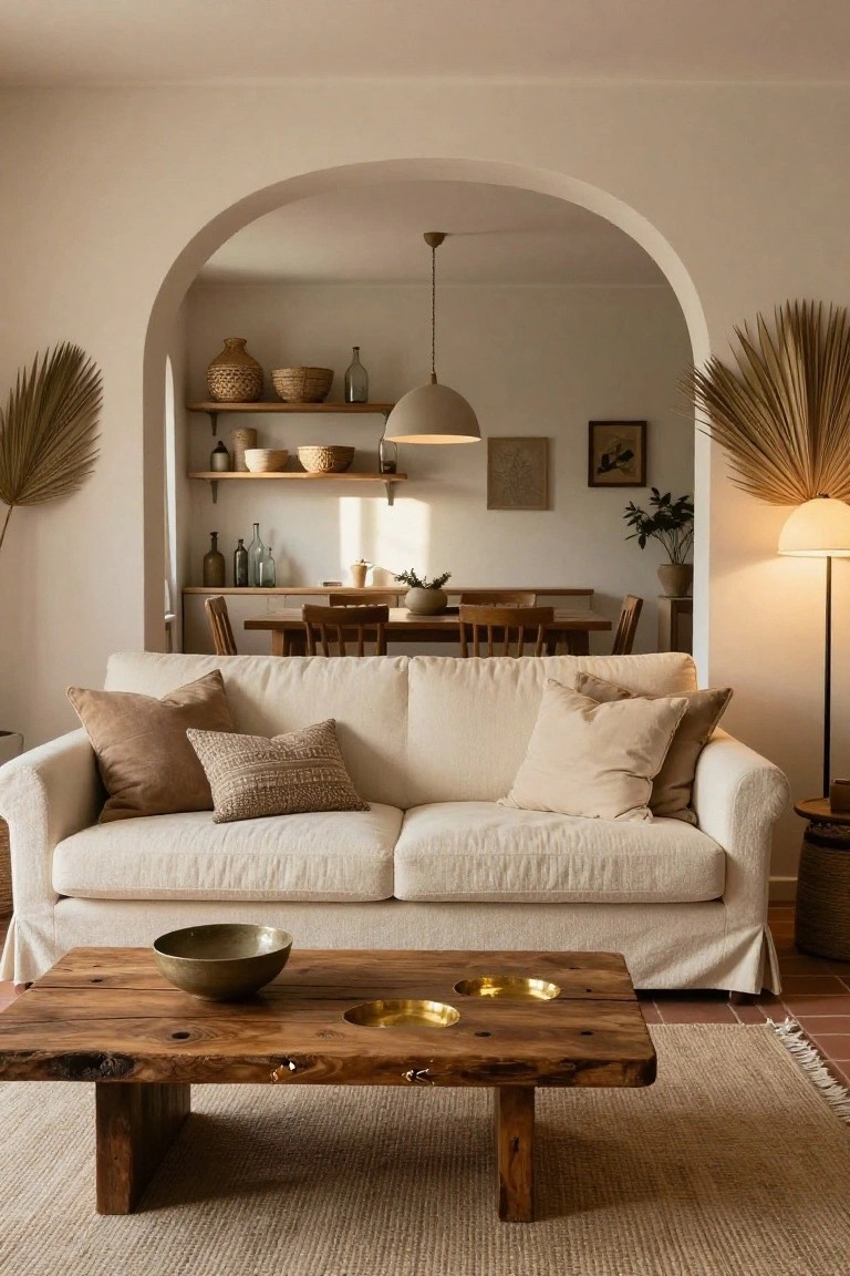 Living room with cream slipcovered sofa facing a live-edge wooden coffee table holding ceramic and brass bowls, tall dried palm fronds flanking an arched opening to a dining area with wooden table and shelves of baskets and bottles.