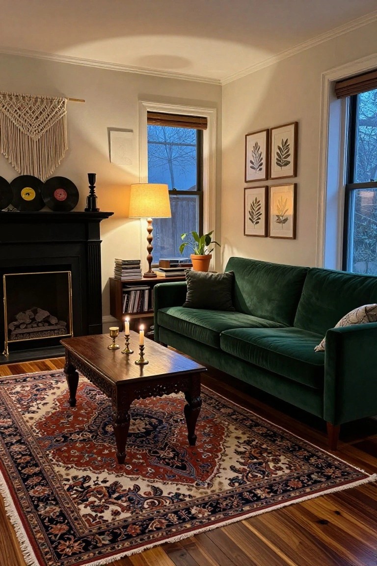 Living room with emerald green velvet sofa on Persian rug, wooden coffee table holding brass candlesticks and lit candles, black fireplace with logs, macrame wall hanging, potted plant, vinyl records, and botanical prints by windows.