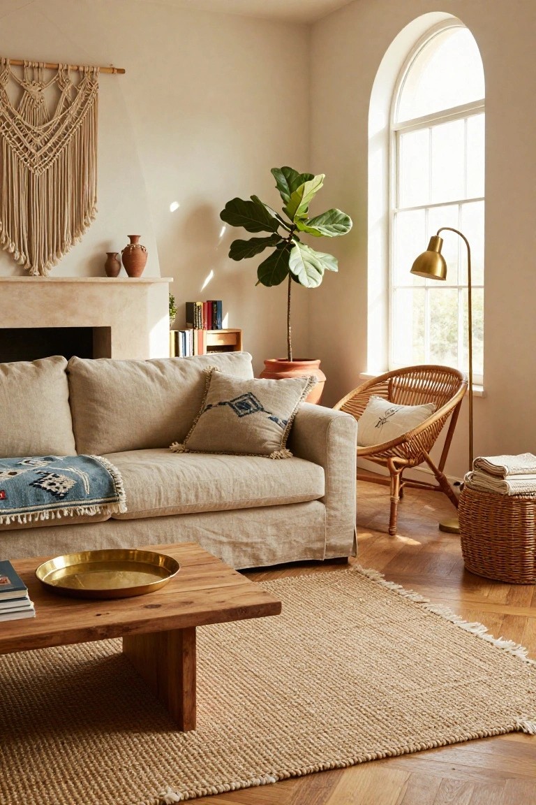 Beige slipcovered sofa with layered patterned pillows and blue fringed throw in a light living room featuring wooden coffee table, brass tray, rattan chair, potted fiddle leaf fig plant, macrame wall hanging, seagrass rug, and arched window.