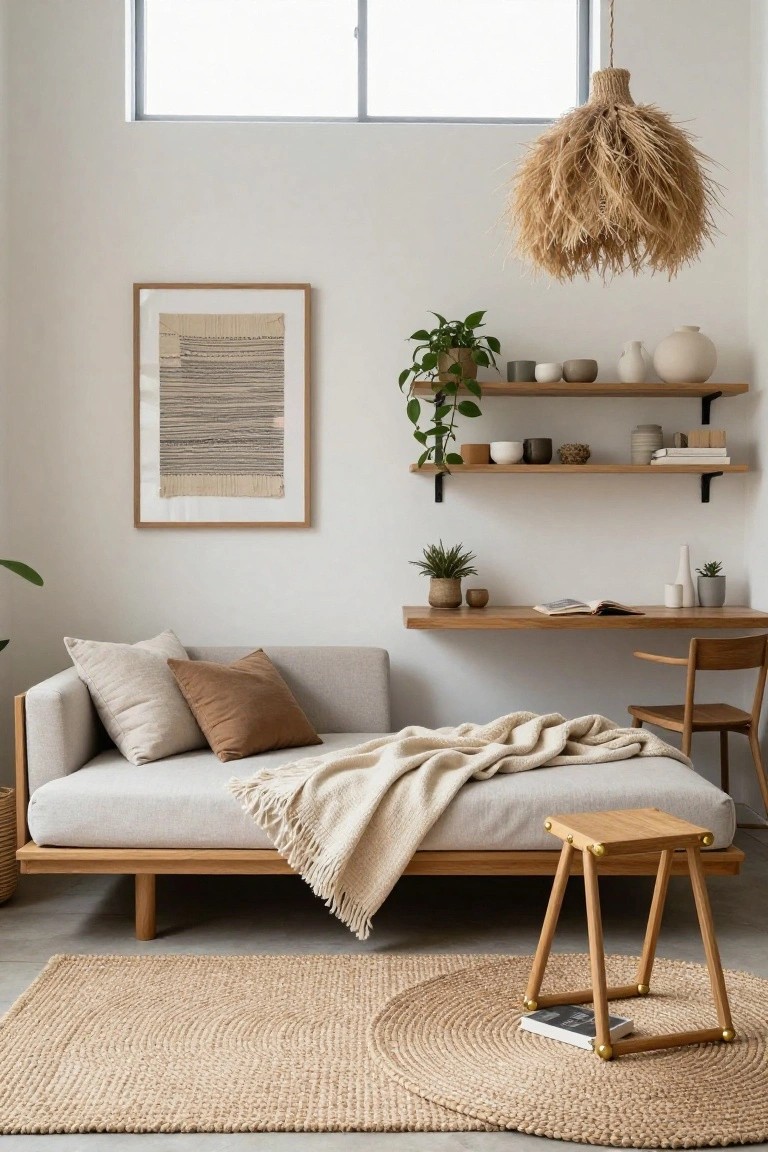 A light-filled room with white walls, a large rattan pendant light, open wooden floating shelves holding beige ceramics, cups, plants, and books, a wooden floating desk with chair below, a low beige daybed with pillows and throw, wooden stool, potted plants, and beige seagrass rugs on the floor.