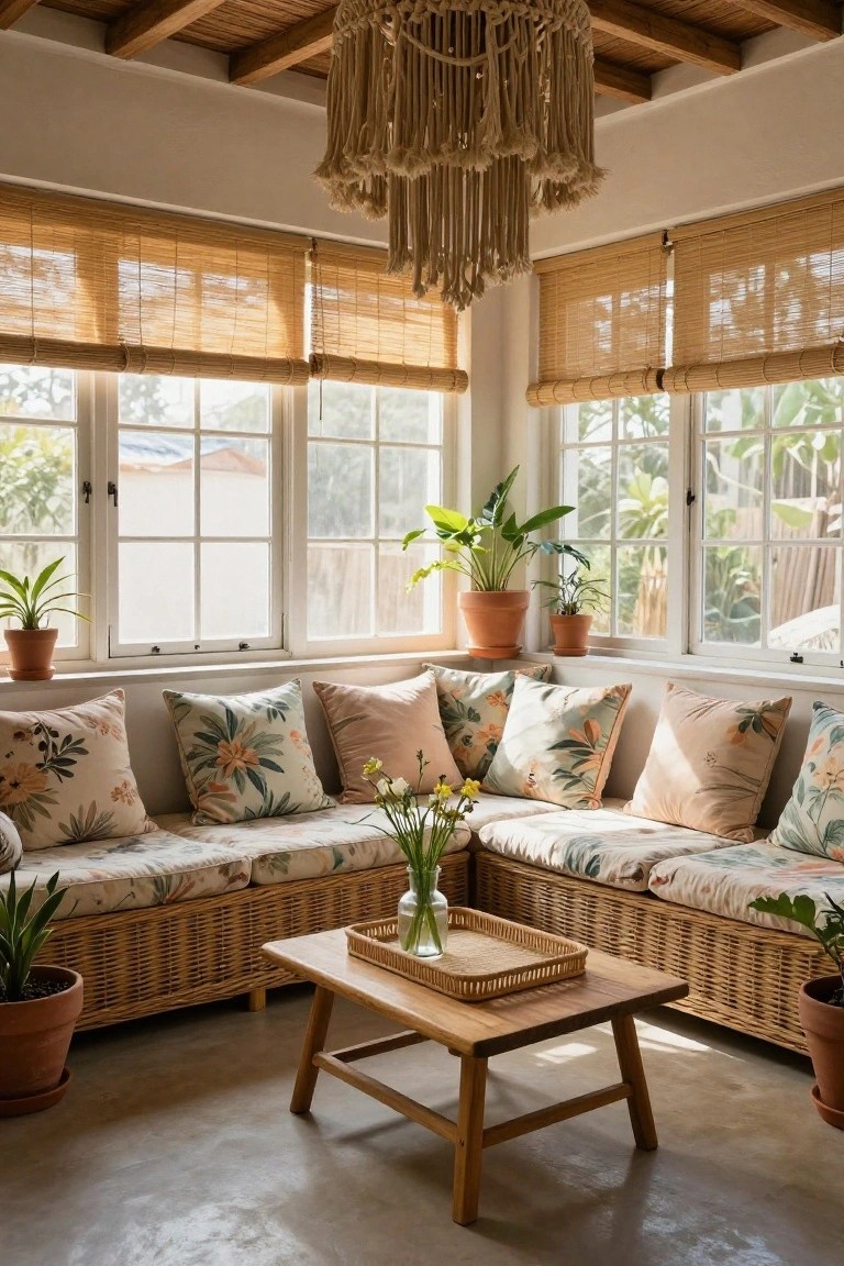 Sunlit indoor corner with beige rattan L-shaped sofa piled with floral cushions, low wooden coffee table holding a vase of flowers, several potted plants, bamboo blinds on windows, and beige macrame hanging light from wooden beam ceiling.