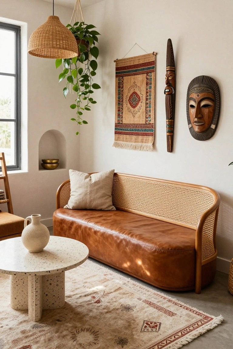 A boho eclectic living room with a curved rattan sofa topped in tan leather cushions, white pebble coffee table on a woven rug, ethnic tapestry and wooden masks on white wall, hanging plants, and natural light from a window.