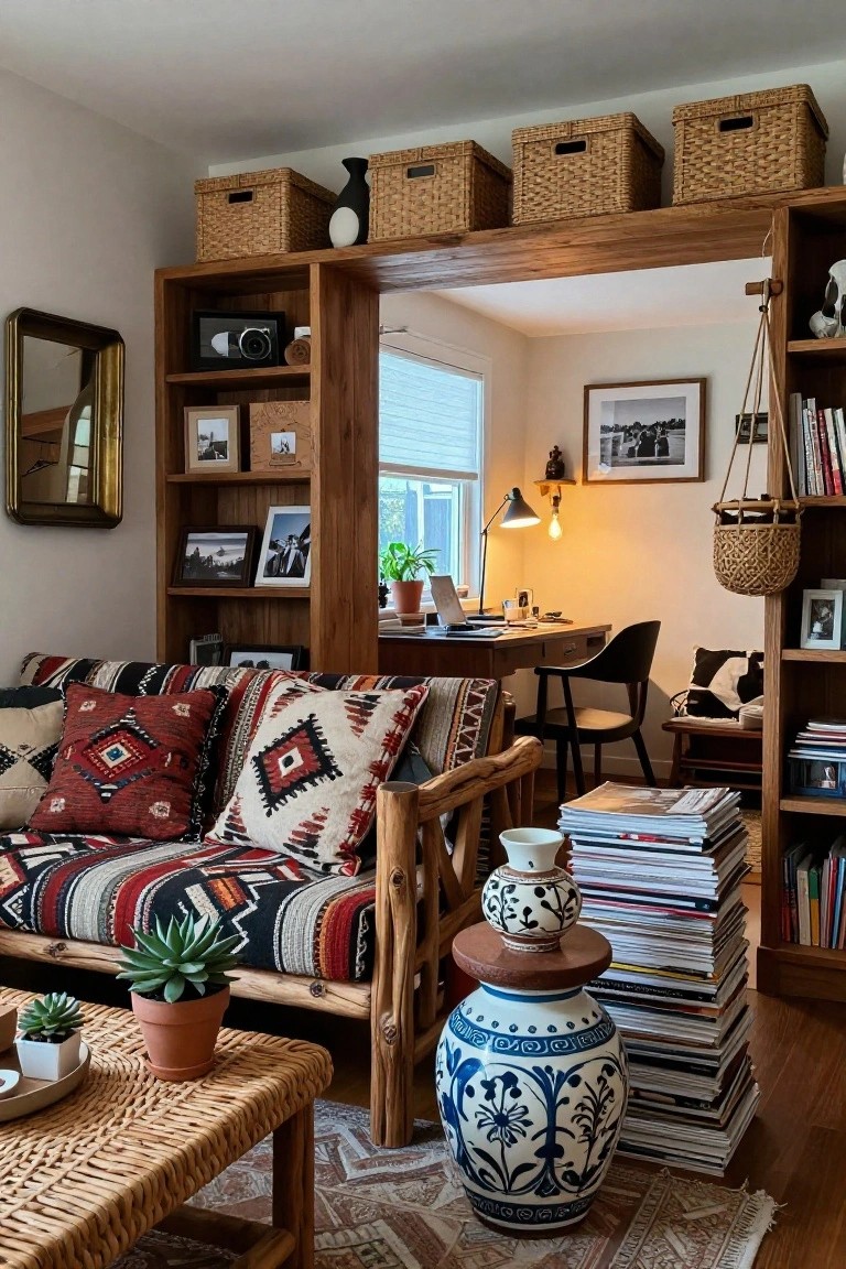 Living room with tall rustic wooden built-in shelves around an open archway filled with books, baskets, photos, ceramics, and plants, a colorful patterned sofa, wicker coffee table with potted succulents and stacked magazines, and a desk visible through the opening.