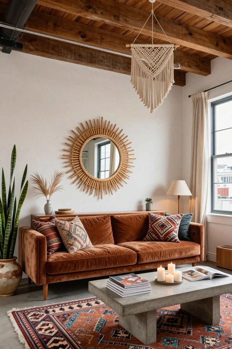 Living room interior with rust-colored velvet sofa on kilim rug, concrete coffee table holding candles and books, snake plant in terracotta pot, rattan sunburst mirror on white wall, macrame light fixture hanging from exposed wooden beams, and table lamp near window.