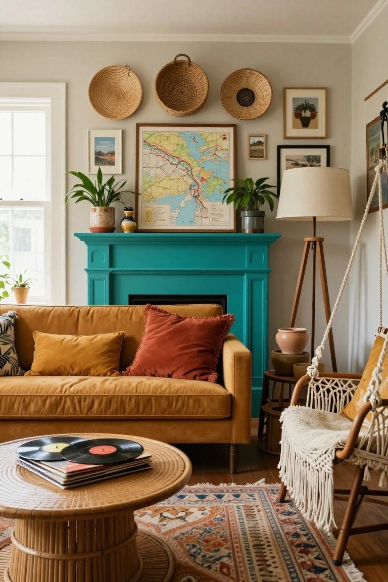 Living room interior with turquoise-painted wood fireplace mantel, mustard yellow sofa with rust and orange pillows, woven baskets on walls, potted plants, rattan coffee table, hanging macrame chair, and patterned rug on hardwood floor.