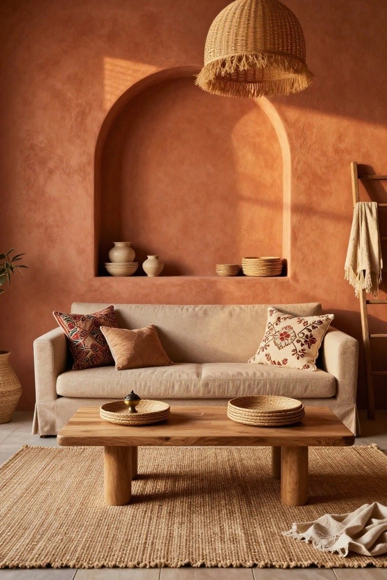 A cozy living room with textured terracotta walls featuring an arched niche displaying stacked pottery and woven baskets, a beige linen sofa with patterned pillows, wooden coffee table topped with woven trays, jute rug, rattan hanging lamp, and ladder with draped textiles.