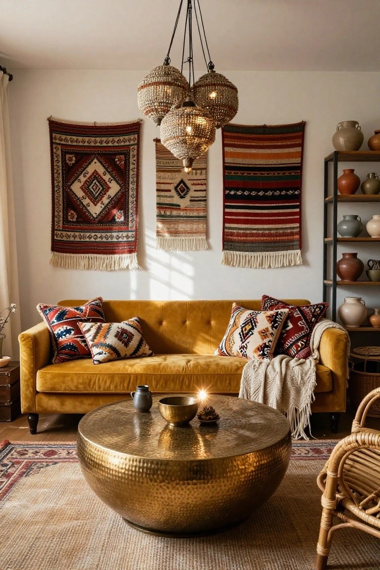 A living room with mustard yellow velvet tufted sofa, colorful patterned pillows, brass drum coffee table, woven textile wall hangings, rattan chair, and potted ceramics on white walls under beaded pendant lights.
