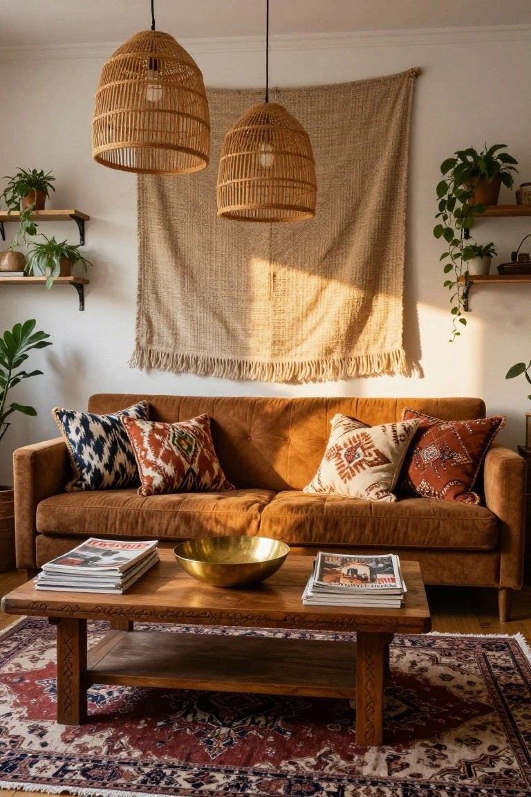 Living room with brown velvet sofa topped with patterned pillows in navy, rust, and cream, wooden coffee table holding brass bowl and magazines, rattan pendant lights, beige woven wall hanging, plants on shelves, and red Persian rug on wood floor.