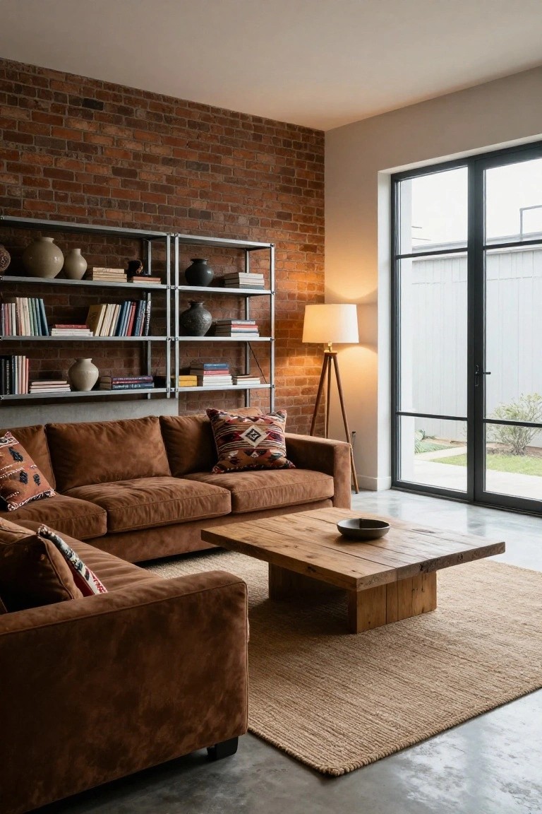 A living room with L-shaped brown leather sofa, wooden coffee table on seagrass rug, metal shelving unit stocked with books and pottery against exposed brick wall, floor lamp, and large sliding glass doors to outdoors.