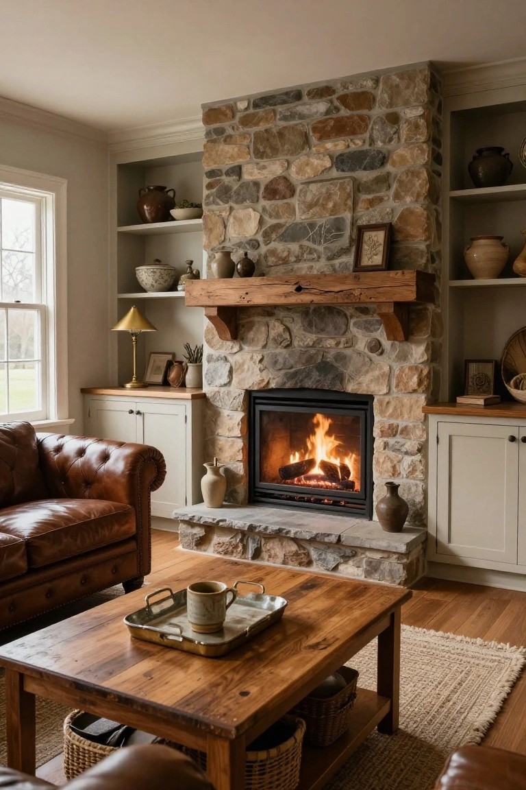 Living room with brown tufted leather sofa facing a large stone fireplace with burning fire, wooden mantel, coffee table, and built-in shelves.