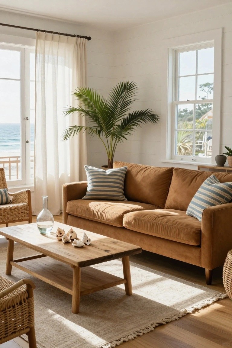 Sunlit living room with brown velvet sofa accented by striped pillows, wooden coffee table holding seashells and a glass bottle, rattan chairs, potted palm plant, sheer curtains on large windows overlooking ocean and beach.