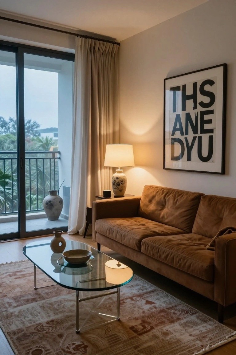 Modern living room with brown velvet sofa, glass coffee table holding ceramic bowl and vase, side table with lamp and vase, large abstract wall art, beige curtains on sliding balcony doors overlooking trees and railing.