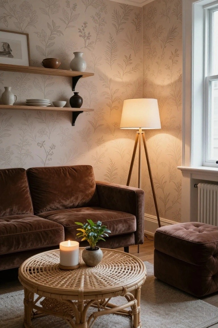 Living room corner with plush brown velvet sofa and matching ottoman, round rattan coffee table holding lit white candle and small potted plant, wooden floating shelves with white and brown ceramics and vase, tripod floor lamp lit up, beige wallpaper featuring line-drawn leaves and flowers, window with radiator below.