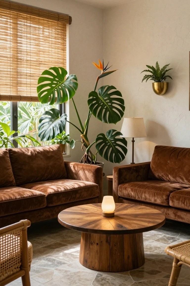 Living room with two brown velvet sofas around a round wooden coffee table holding a lit frosted glass candle, large monstera plants by windows and walls, bamboo blinds, rattan chairs, and tiled floor.