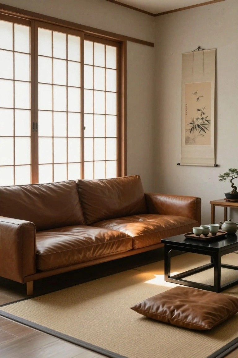 Brown leather sofa and cushion on tatami mat in a Japanese-style living room with shoji screen windows, black low table holding white teacups and teapot, bonsai plant on side table, and hanging scroll painting on beige wall.