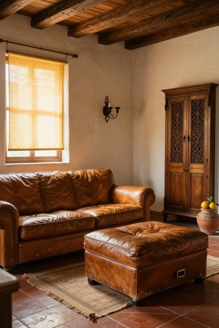 A brown leather sofa and matching ottoman on terracotta tile flooring in a white adobe-walled room with exposed wooden ceiling beams, a carved wooden armoire, potted plants, and a window covered by beige roller shades.
