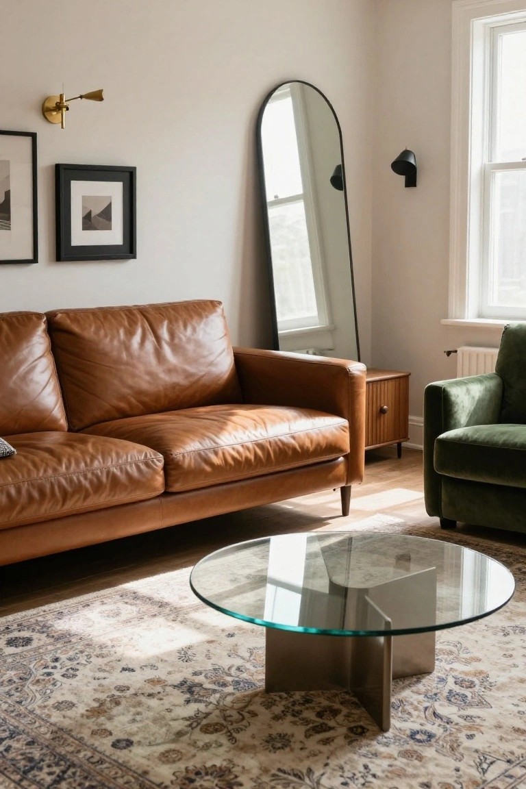 Living room with tan leather sofa, green velvet armchair, glass coffee table on patterned rug, full-length arched mirror, black-framed art, and wall sconces near a window.