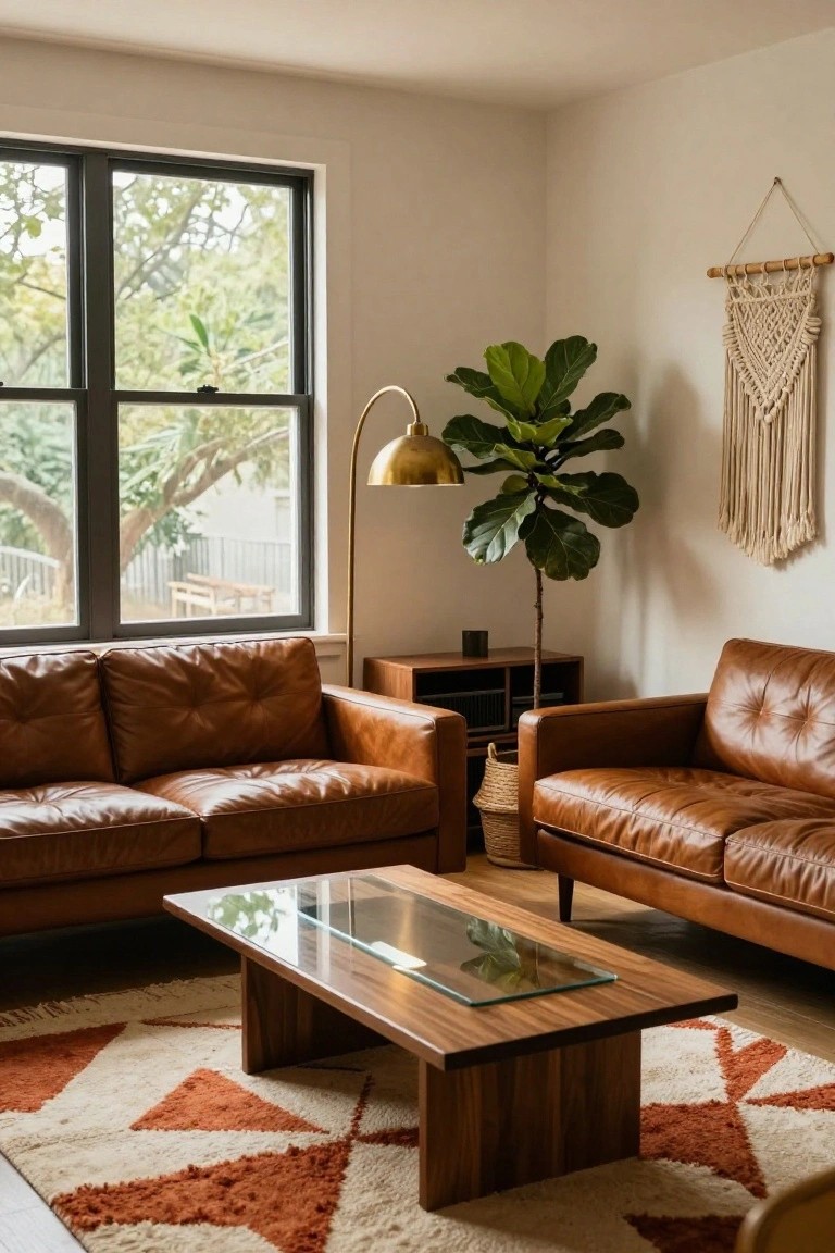Corner living room with two tufted brown leather sofas facing each other across a rectangular wood coffee table topped with glass, fiddle leaf fig plant nearby, woven seagrass basket, macrame wall hanging, arc floor lamp, and large black-framed windows showing trees outside on a patterned orange and white rug.