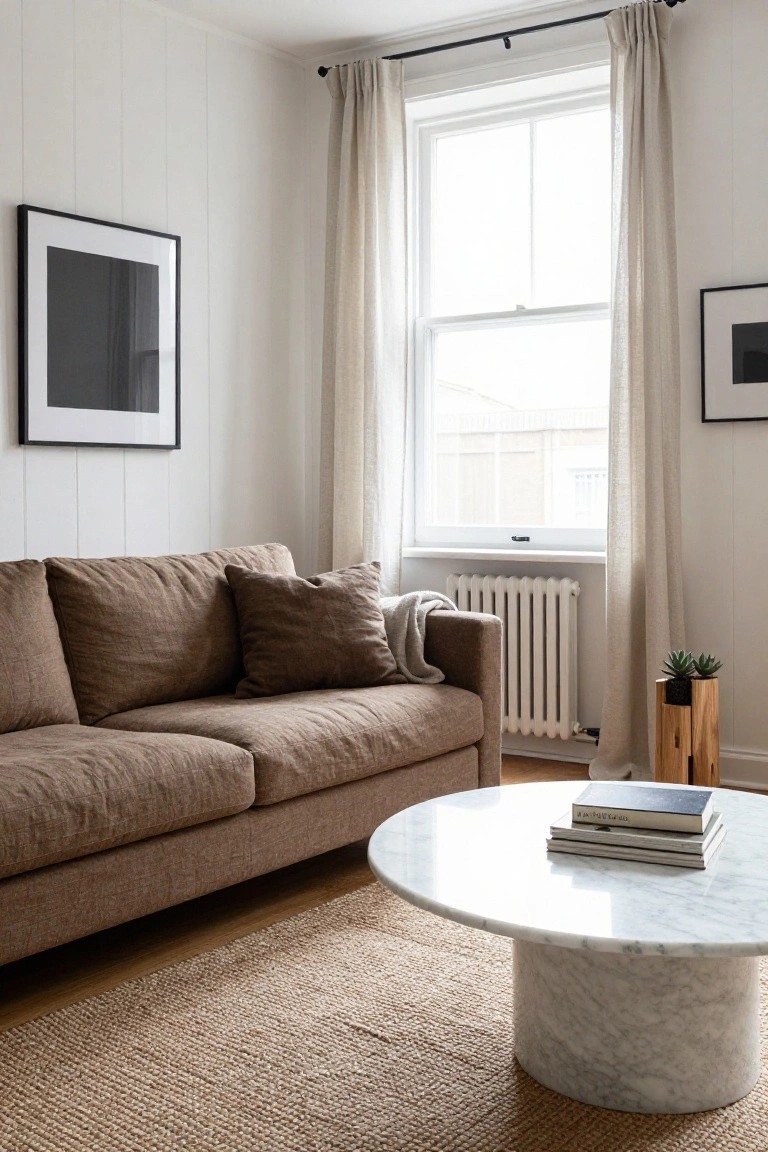Brown Linen Sofa in a White Room