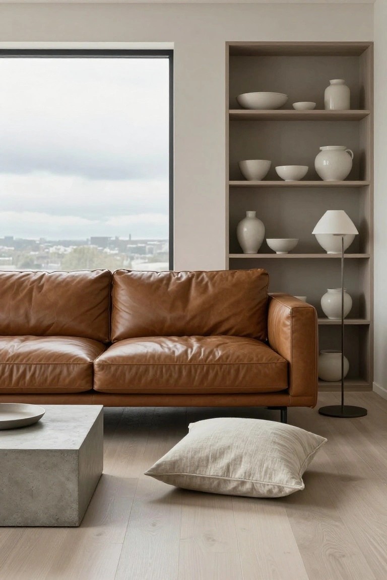 Modern living room with tan leather L-shaped sofa, concrete coffee table holding a plate, open wood shelves displaying white ceramic bowls and vases, large window with city view, and light oak flooring.