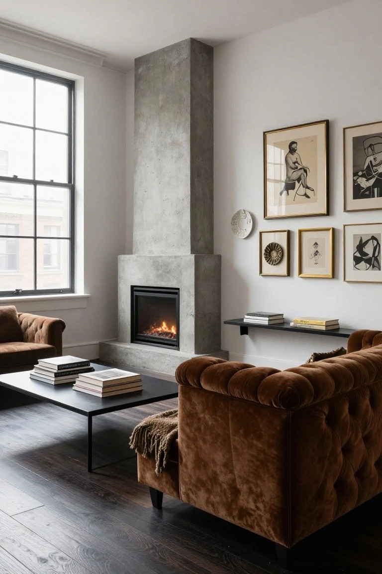 Living room with two brown tufted velvet sofas, black metal coffee table holding stacked books, gas fireplace in tall concrete surround, wall shelves with books and plates, and assorted framed artwork on white walls beside large black-framed windows.