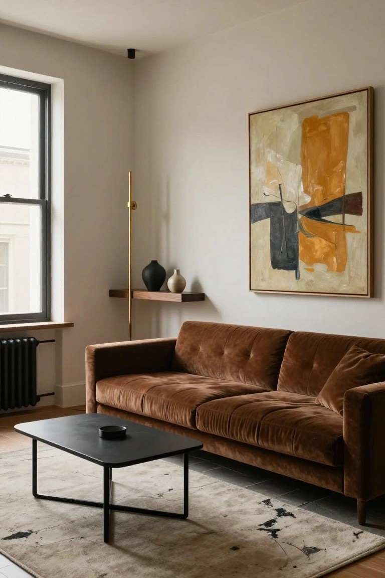 Corner of a modern living room with brown velvet L-shaped sofa, black metal coffee table on beige rug, large abstract beige and orange painting on wall, wooden shelf holding black and white vases, gold floor lamp, and window with black radiator.
