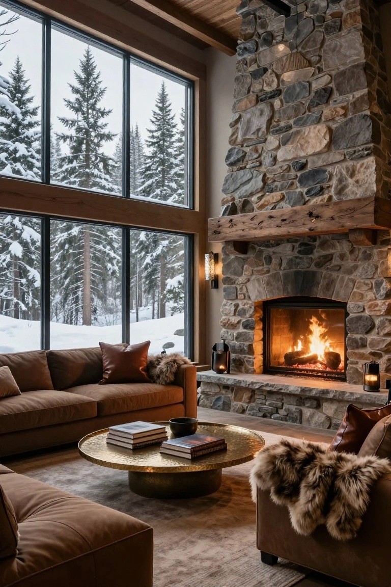 Living room interior with brown leather sectionals, fur throws, brass coffee table, large stone fireplace, wood beam ceiling, and floor-to-ceiling windows overlooking snowy evergreen forest.