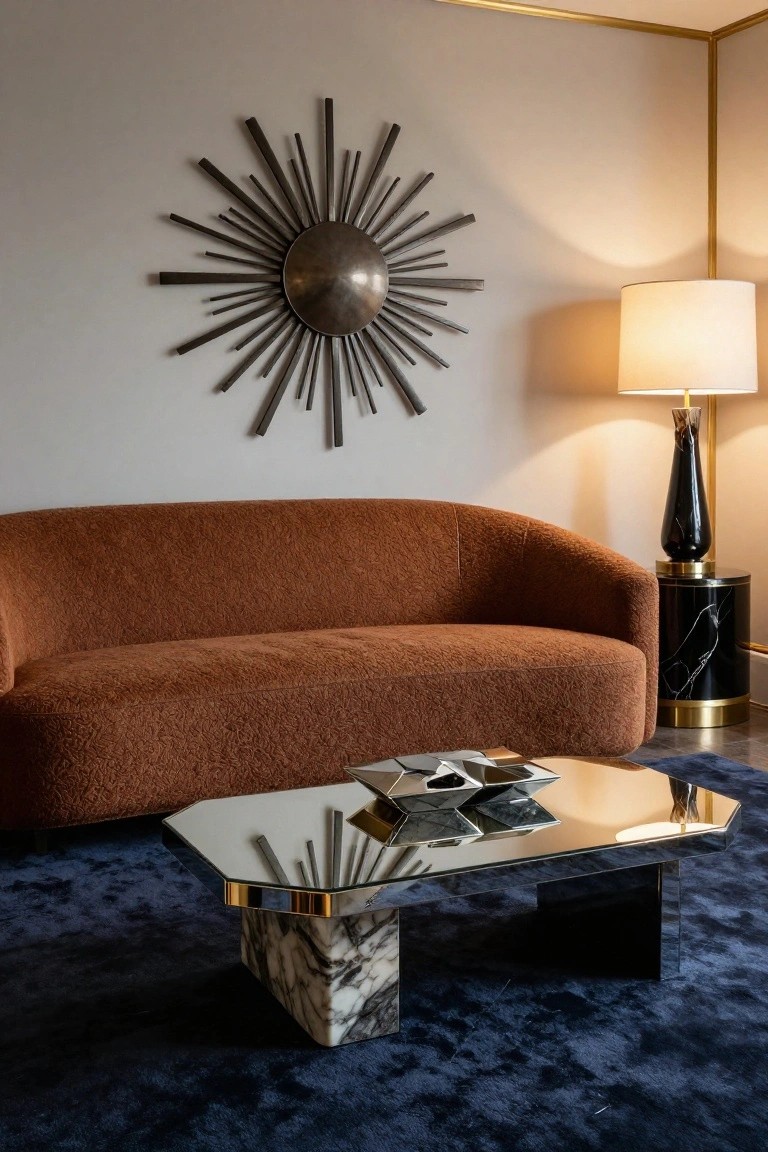 Curved burnt-orange textured sofa in a modern living room corner with brass-trimmed octagonal coffee table on marble base, black marble side table and lamp, large sunburst wall mirror, and navy blue rug.
