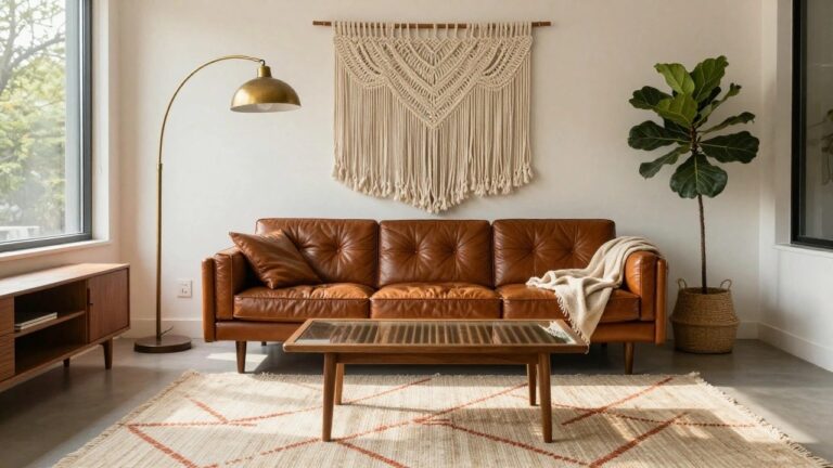 Corner living room with two tufted brown leather sofas facing each other across a rectangular wood coffee table topped with glass, fiddle leaf fig plant nearby, woven seagrass basket, macrame wall hanging, arc floor lamp, and large black-framed windows showing trees outside on a patterned orange and white rug.