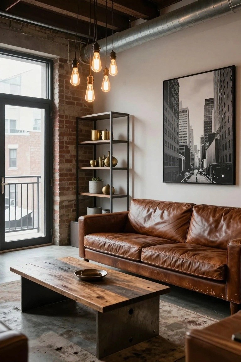 A cozy industrial living room with a brown leather sofa, rustic wood coffee table, black metal shelving holding brass vessels and plants, exposed brick walls, pendant Edison lights, and a large black-and-white city skyline print next to a glass balcony door.