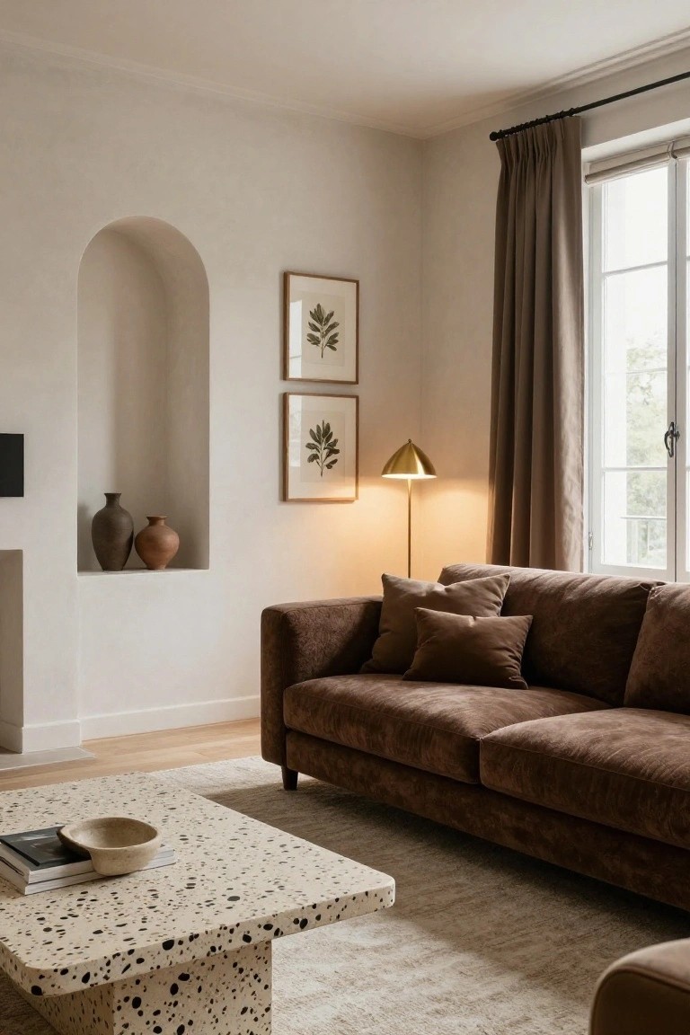 Living room interior with brown velvet sofa, arched wall niche holding two terracotta vases, gold floor lamp, speckled white terrazzo coffee table on beige rug, and large window with taupe curtains.
