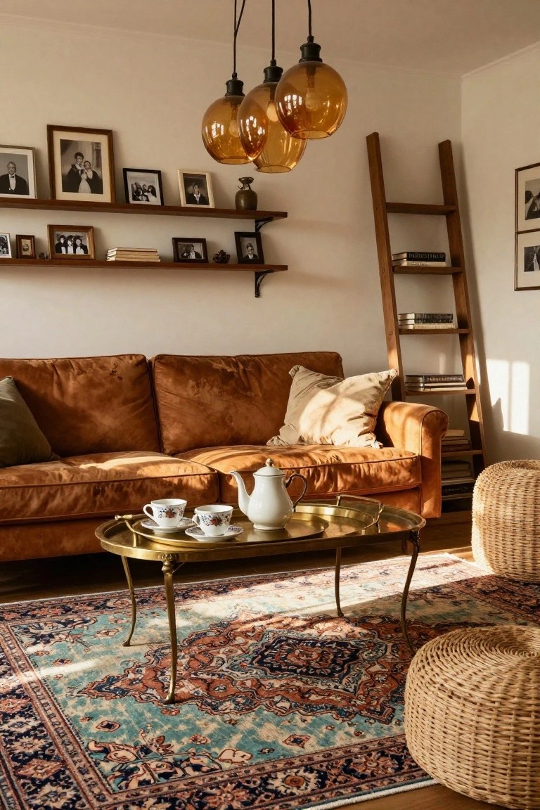 Living room with brown upholstered sofa, brass tray table with white teapot and cups on blue red and gold Persian rug, two woven poufs, wooden ladder shelf with books, wall shelves with framed black and white photos, and amber pendant lights hanging above.
