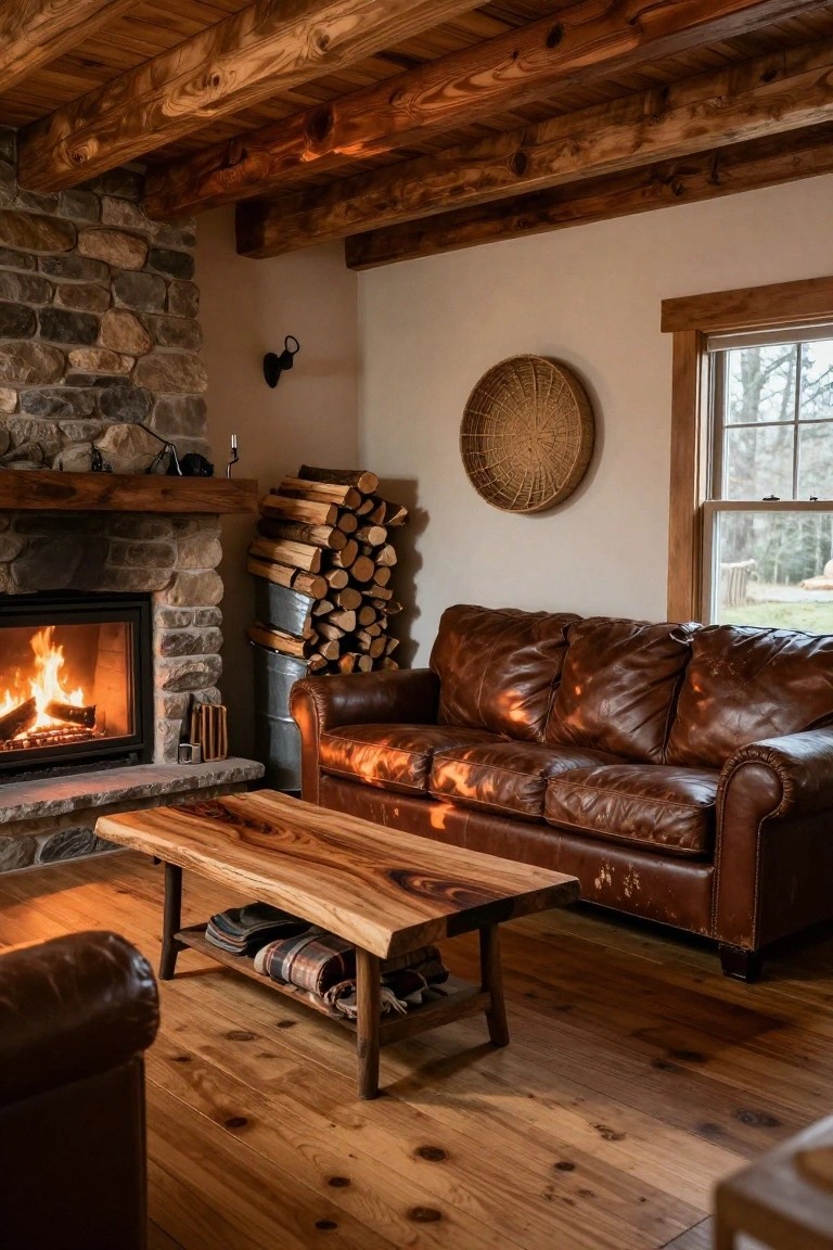 Cozy living room interior with brown leather sofa, live-edge wood coffee table, stone fireplace burning wood, stacked firewood, wood beam ceiling, and woven wall basket near a window.