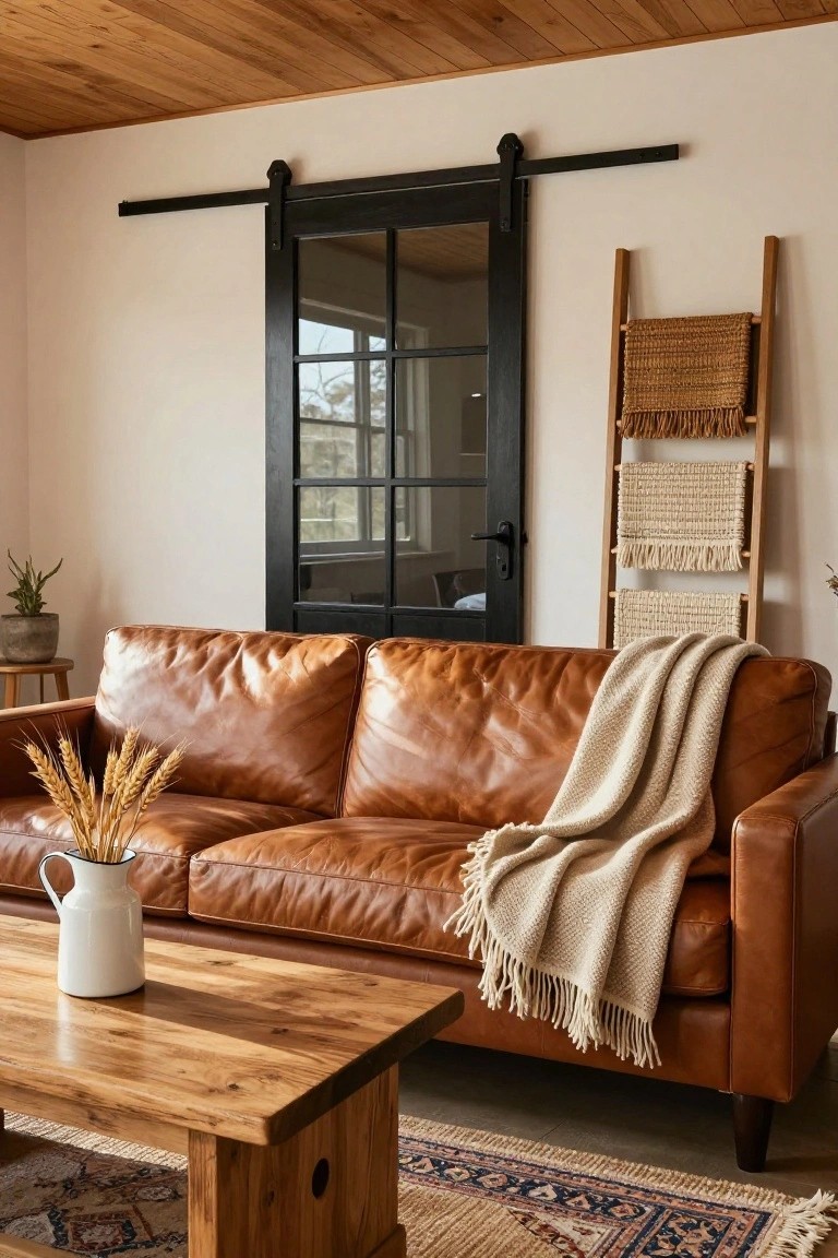 A cozy living room with a tan leather sofa draped in a cream throw, wooden coffee table holding wheat stalks in a white pitcher, ladder shelf with woven textiles, black sliding glass door, wooden ceiling beams, and Persian-style rug.