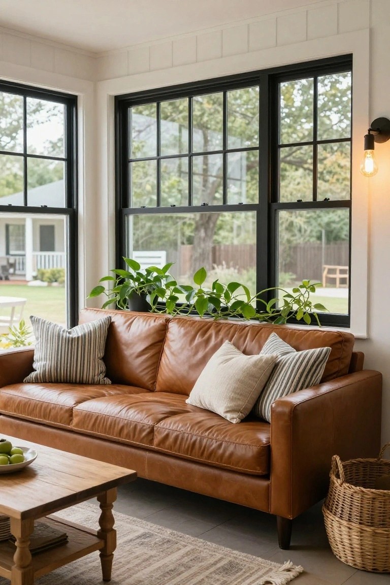 Tan leather sofa with striped and white pillows in a white shiplap-walled room featuring large black-framed windows, potted trailing plants, a wooden coffee table with apples, and a wicker basket on a gray rug.