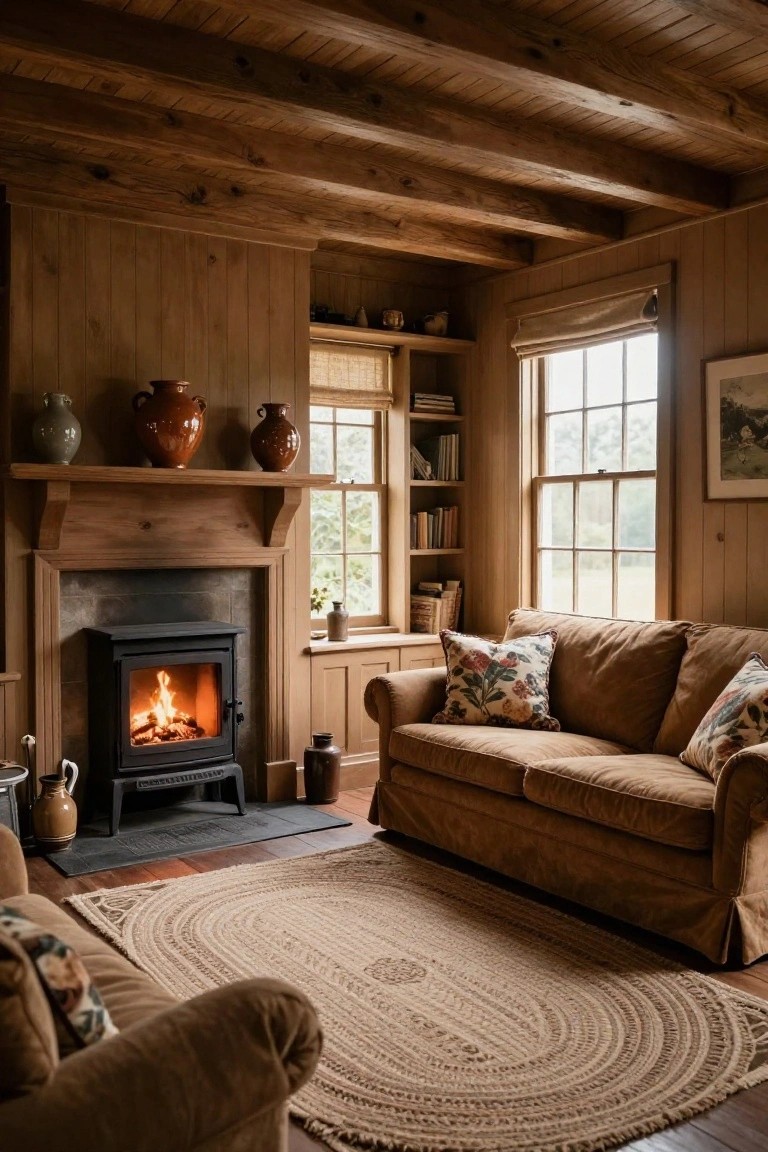 Cozy living room with brown fabric sofa on oval rug in front of black wood stove fireplace, wood-paneled walls and ceiling beams, shelves with pottery and books, large windows with blinds.