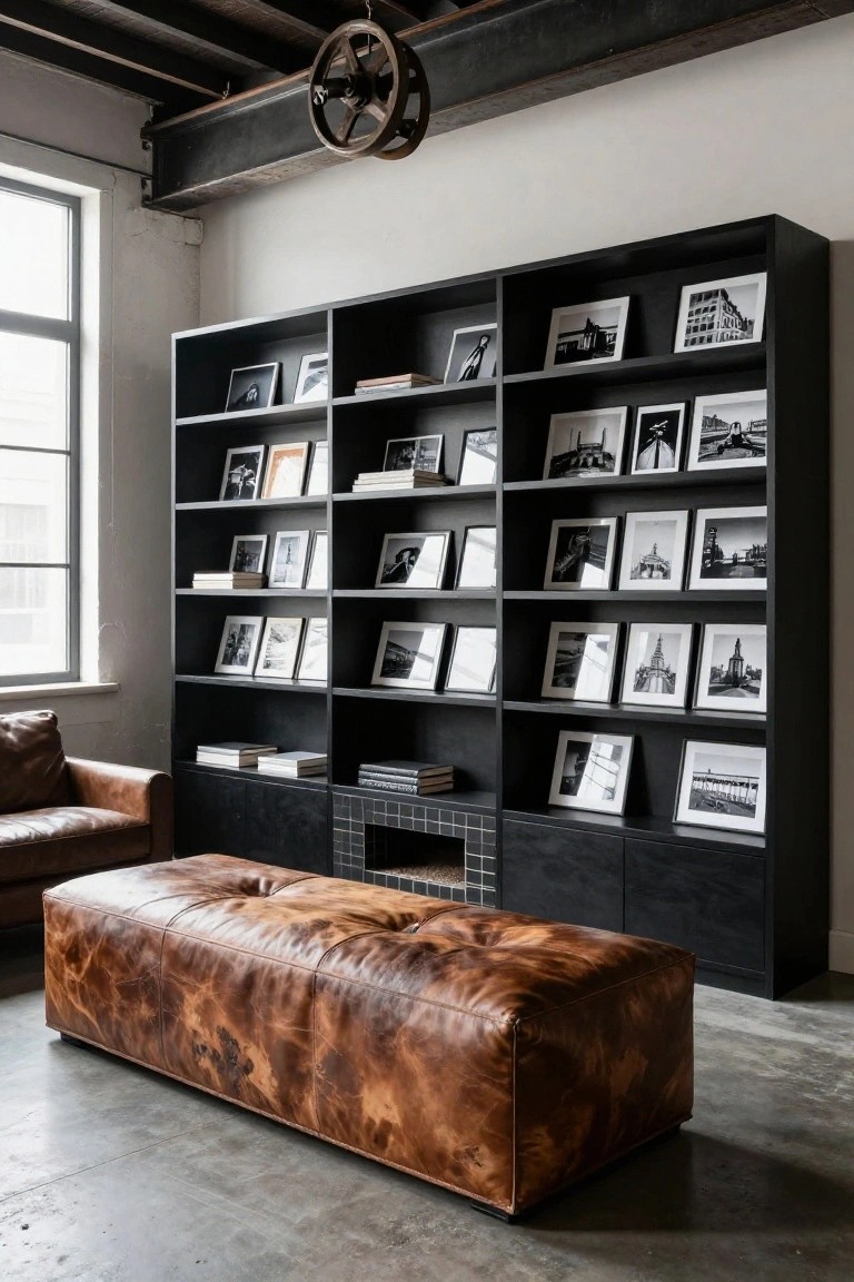 Industrial living room with tall black bookshelves displaying black-and-white architectural photos, brown leather sofa and ottoman, tiled fireplace, and large windows.