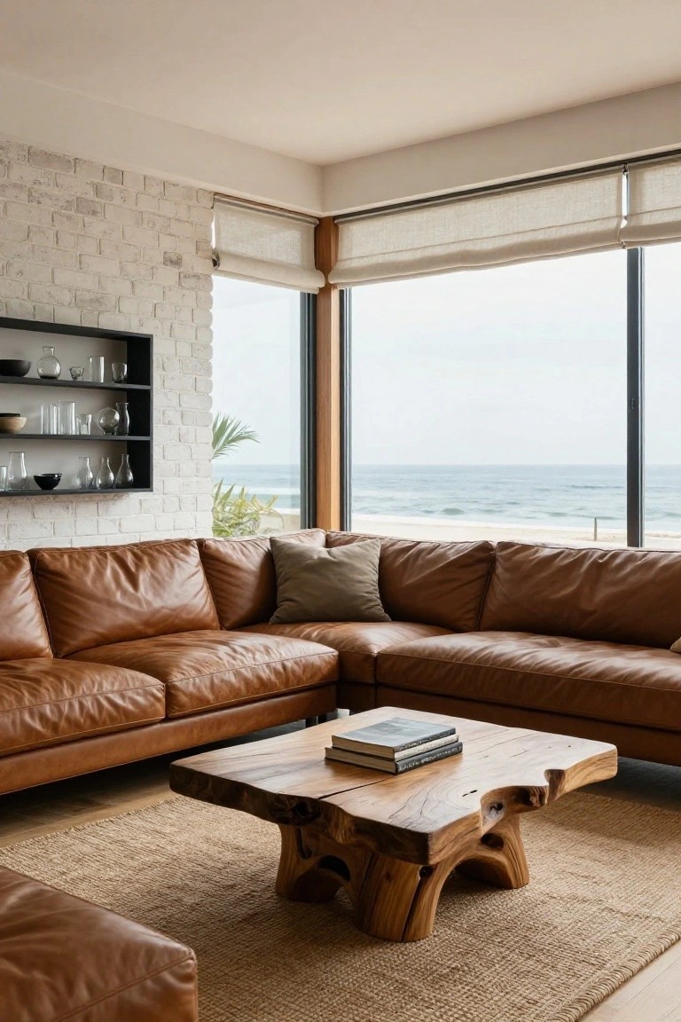 A contemporary living room with a tan leather L-shaped sectional sofa, natural wood coffee table on a seagrass rug, white brick accent wall with shelves, and floor-to-ceiling windows overlooking a beach and ocean.