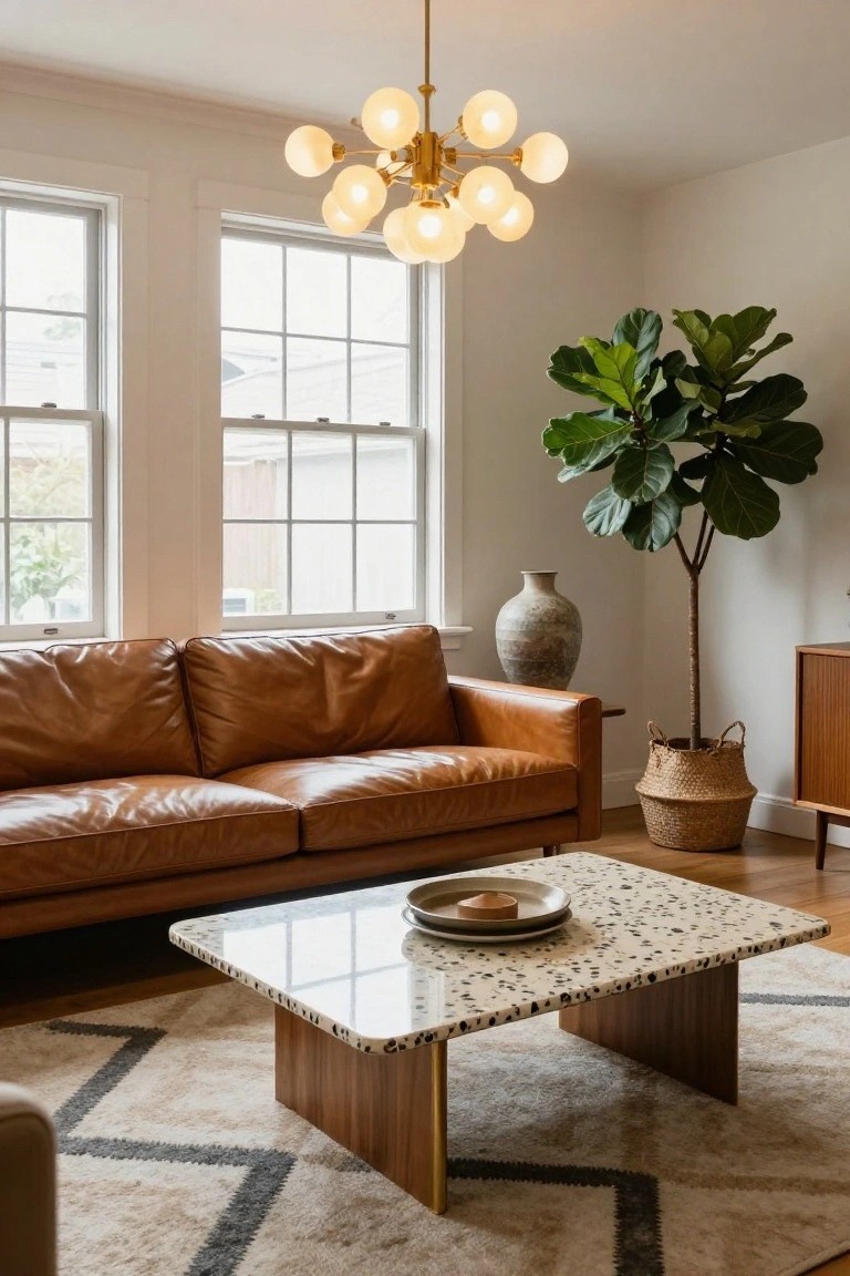 A living room with a tan leather sofa facing large windows, a speckled white coffee table holding plates, a tall fiddle leaf fig plant in a woven basket, a ceramic vase, wood credenza, and brass globe chandelier overhead.